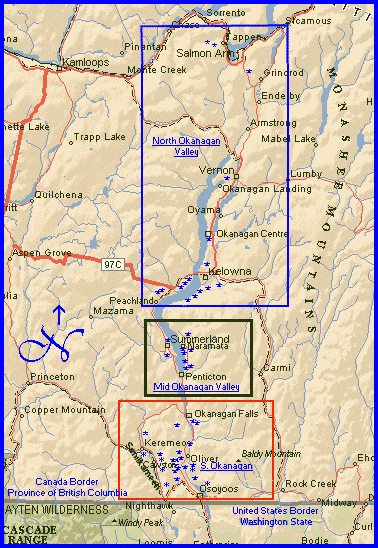 An overview map of the Okanagan and Similkameen Valley area of BC wine 
