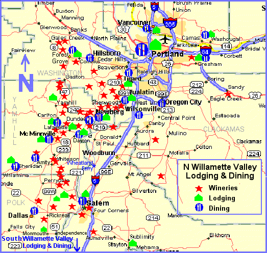 Map to prime lodging and dining in North Willamette Valley wine country