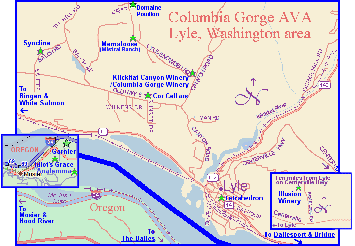 Map to the wineries near Lyle, WA, in the Coilumbia Gorge wine region