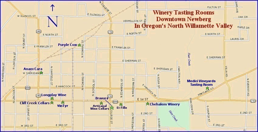 Downtown Newberg, Oregon - wine tasting locations map