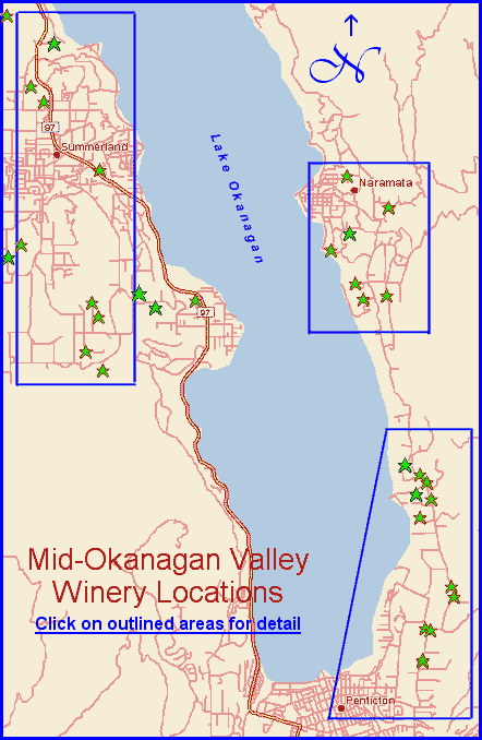 Map of the Mid Okanagan wine region. Go to South Okanagan Valley Map page