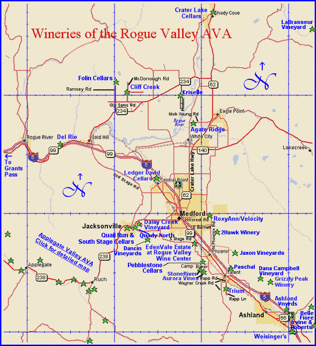 Overview map to the wineries of Oregon's Rogue Valley appellation 