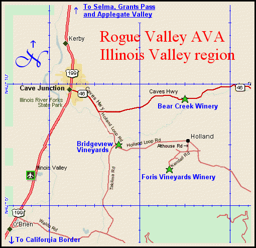 Map to the Illinois Valley sub appellation of Oregon's Rogue Valley wine region