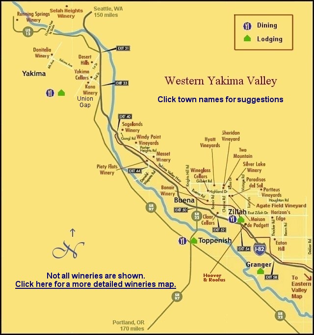Yakima Valley wine country lodging and dining map