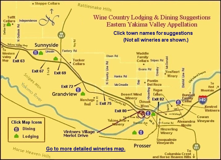 Map to eastern Yakima Valley wine country lodging & dining suggestions