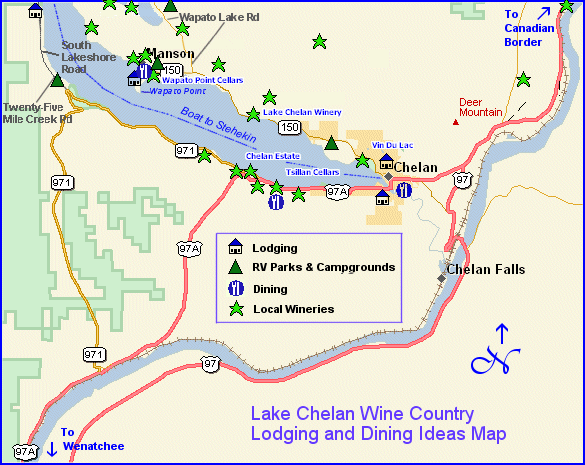 Map to the wine country lodging and dining opportunities of the Lake Chelan Valley wine region