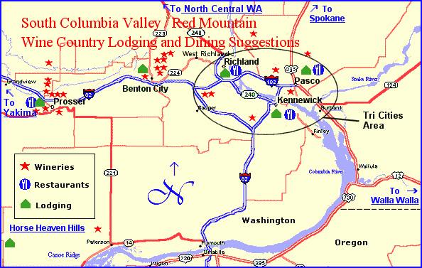 Map for Tri Cities area Wine Country Lodging and Dining Suggestions