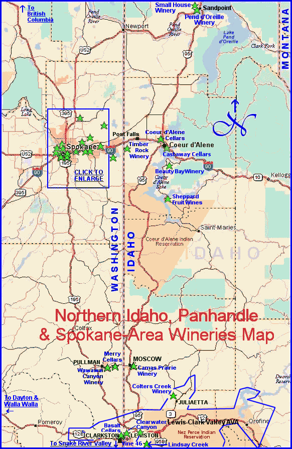 Map to the wineries of Northern Idaho and northeastern Washington