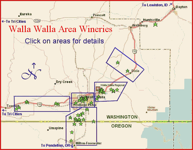 Overview map to the wineries of Washington's Walla Walla wine region