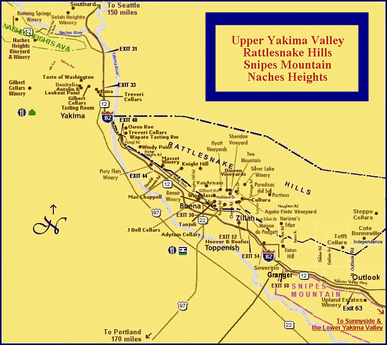 Map of Winery locations in the upper Yakima Valley wine region of Washington State